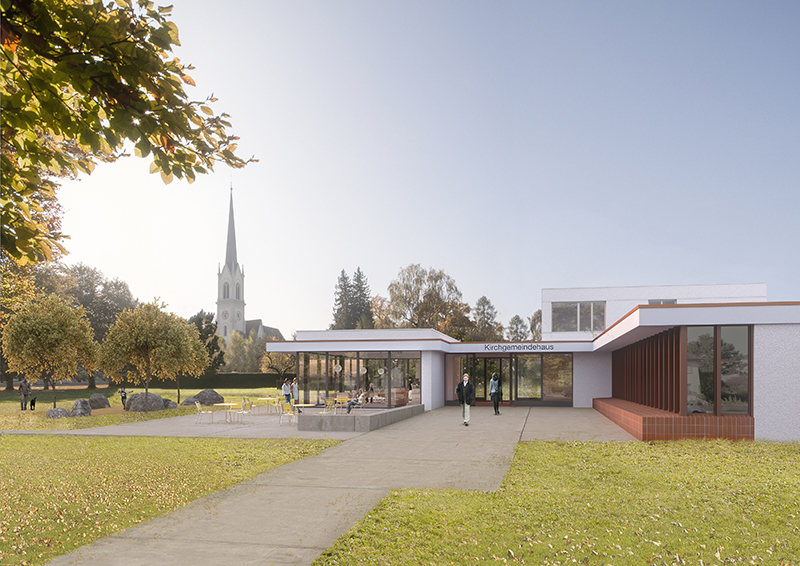 Café im Park mit neuem Zugang - Konzept Erweiterungsbau - Visualisierung Martin Wey, Zürich