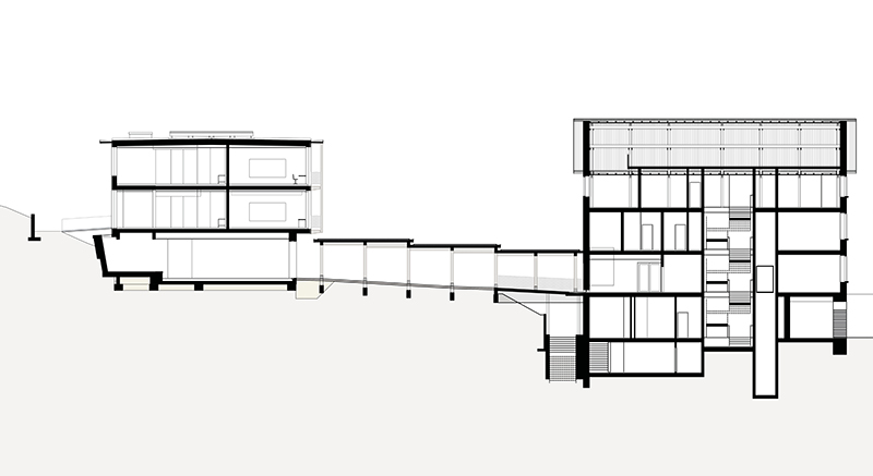 Schnitt mit Neubau, Verbindungsgang und Altbau