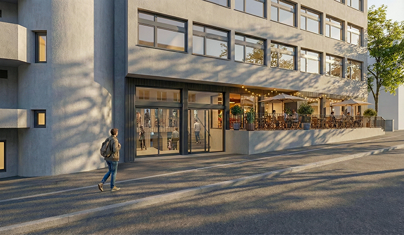 Auffindbarkeit und Transparenz: neuer Haupteingang mit Bistro